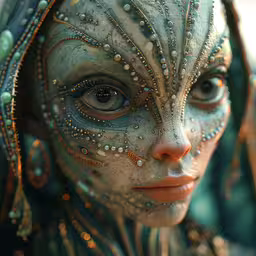 a woman with all the makeup art she has,an image of a face with beads on it