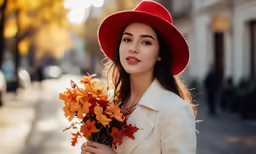 the girl is holding a bouquet of flowers while walking down the street