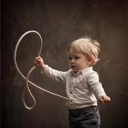 the child is holding up a rope with one hand