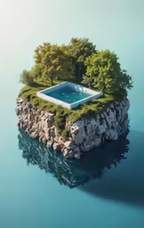 the floating pool is made from rocks and grass