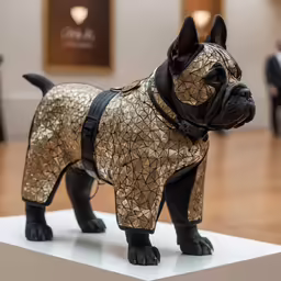 a dog is in an elaborate outfit on display