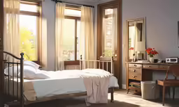 a bed sitting next to a desk and window