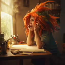 an orange hair girl sits at a desk and talks on her phone