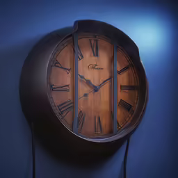 a clock with roman numerals on a blue wall