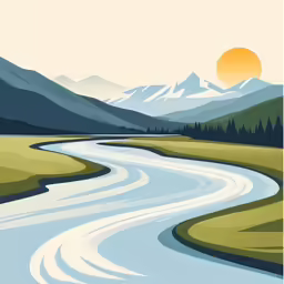 a river running through green hills under a sky with mountains