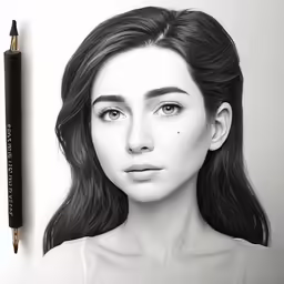 a drawing of a girl with long hair, a black pen and a white background