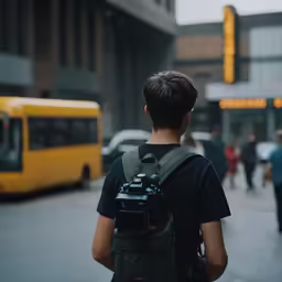 man with a back pack and large camera looking at bus