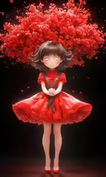 a girl in red holding a tree with red flowers
