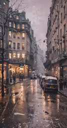 several people are walking around a wet street