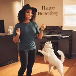 a smiling woman standing next to a white cat