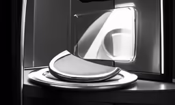 black and white photo of a plate with a mirror in the corner