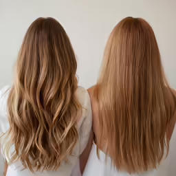 a woman standing back to back with blonde hair