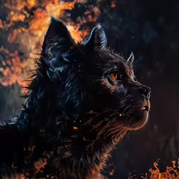 a painting of a cat in fire with orange and black smoke in the background