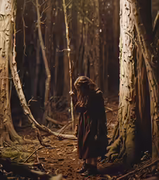 a woman standing in the middle of a forest with tall trees