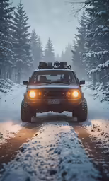 car driving through the snow in a forest