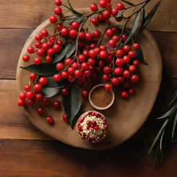 the table has several fruits on it including berries and dip