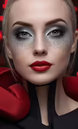 a woman with grey make - up and red lipstick