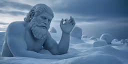 a man in the middle of a snow scene with snow sculptures