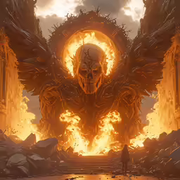 a huge bird in the midst of a burning wall