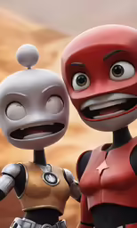 the red, robot - like toy stands next to a smaller robot