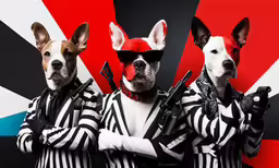 three dogs dressed in costumes holding guns