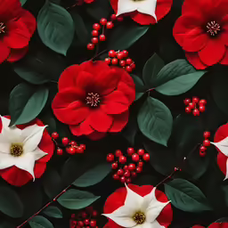 red flowers and leaves and berries are in the corner of the photo