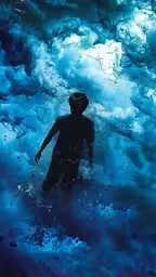 a man riding a wave in the ocean,the silhouette of a man wearing a wetsuit stands in an ocean wave