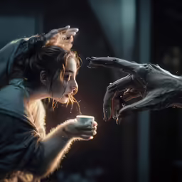 a woman holding out her hands to touch the hand of another person
