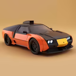 the futuristic car with orange and black stripes is in this brown and yellow photo