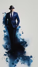 a man with a suit and tie in front of an artistic backdrop