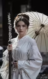 an oriental woman in white holding an umbrella