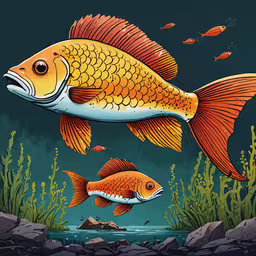 a painting of a fish and a smaller goldfish,two red fish swimming in a blue sea