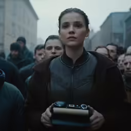a group of people walking with cameras and an image of a woman