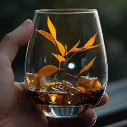 hand holding a glass with some kind of drink inside of it