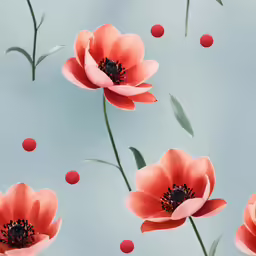 some red flowers are floating in the air