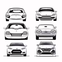 a line drawing of six different car models,the six different types of cars that will be used in a video game