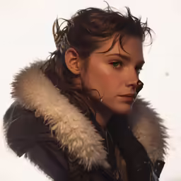 a woman in a coat and coat has hair blowing in the wind
