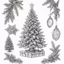 a drawing of different christmas trees and ornaments