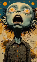 the artwork shows a creepy zombie in front of an orange sky with stars and the head of a creepy man