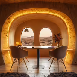 two round - shaped windows with circular lights above them provide light that shine from behind