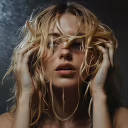 a woman holds her head next to her hair