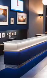 a blue and white reception bar is shown at the entrance