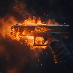 a man is holding a gun on a blazing background
