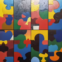 multiple photographs of colored figures together in black, blue, green and yellow