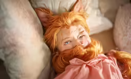 an orange haired girl with freckled hair laying down