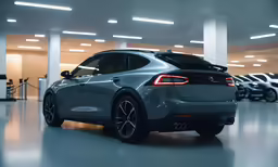 the rear end of a silver car in a showroom