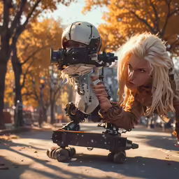 a woman with makeup is on a skateboard with a robot
