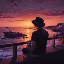 a person sitting on a bench next to the ocean,a man in a hat sits on a railing looking at the ocean