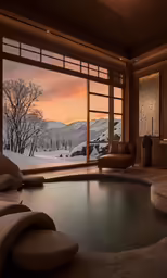 a large pool inside of a room next to a window