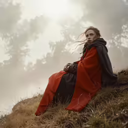 an old woman dressed up in medieval costume sitting on a hill